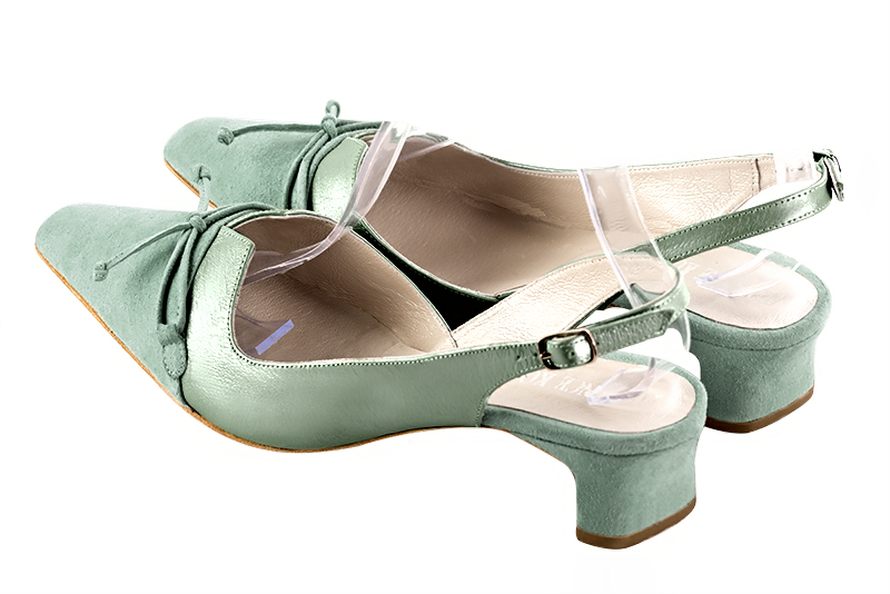 Mint green women's open back shoes, with a knot. Tapered toe. Low kitten heels. Rear view - Florence KOOIJMAN